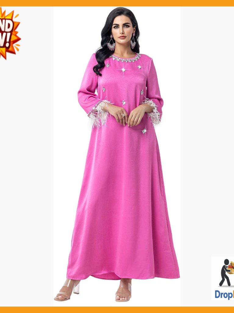 Long Sleeve Maxi Dress Elegant Formal Gown Feather Cuff Rhinestone Embellished